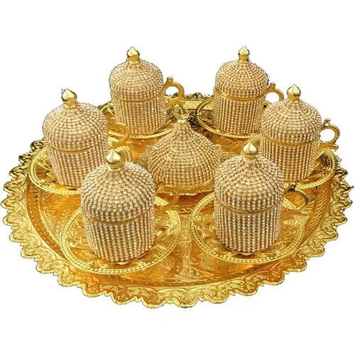 15 Pcs Fully Gilded Ottoman Coffee Cup and Saucer Set with Swaroski Stones - Hausmannian Victorian Royal Style - Elegant Design for Turkish Greek Arabic Coffee, Espresso, Tea - Perfect for Special Occasions - Grand Goldman