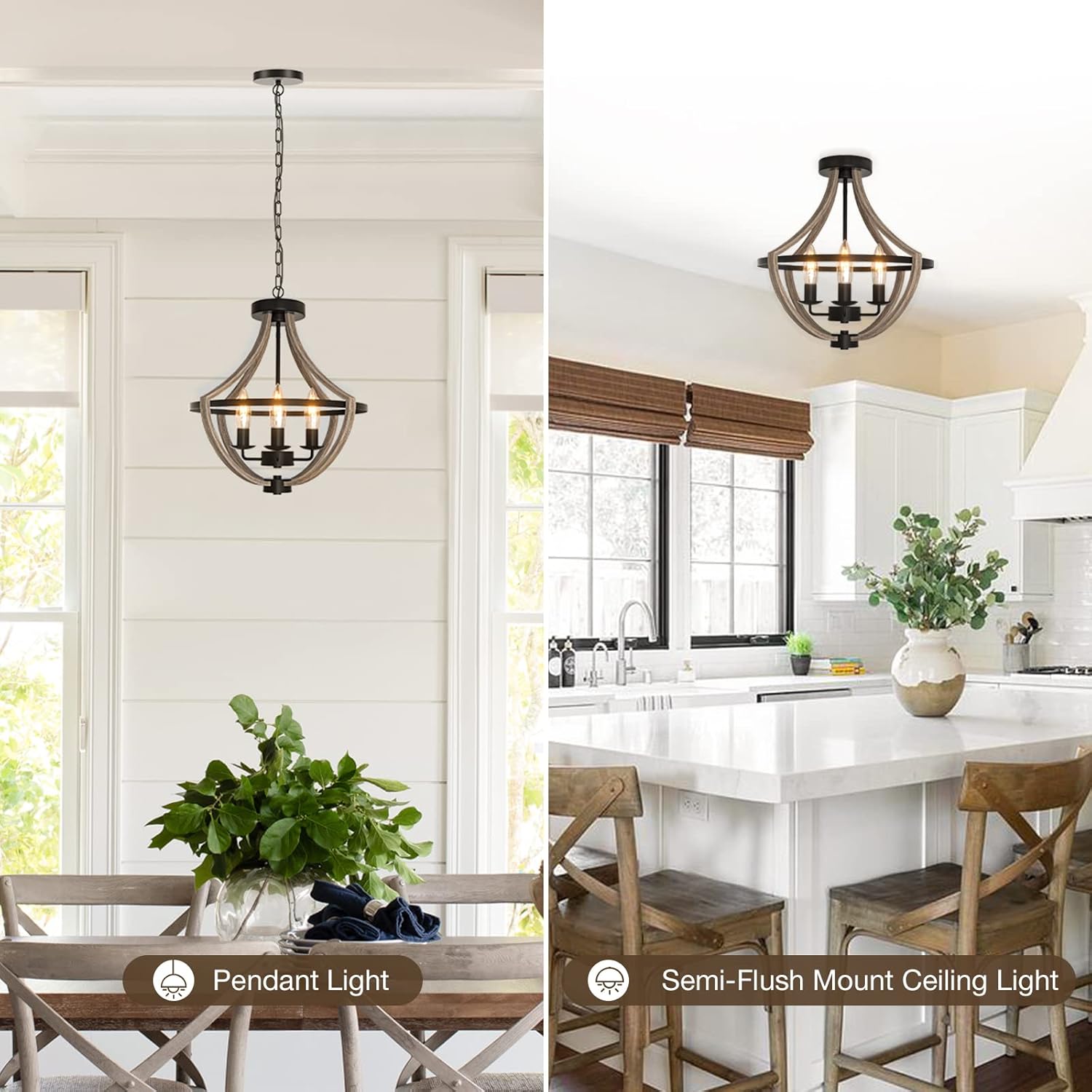16.5" Farmhouse Light Fixtures Chandelier, 4-Light Rustic Flush Mount Ceiling Light, Modern Faux Wood Light Fixture for Dining Room Kitchen Foyer Hallway Entryway Bedroom Closet - Grand Goldman
