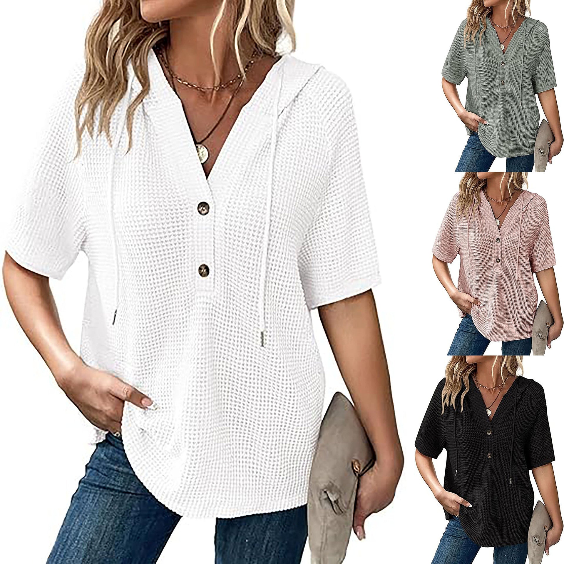 Women's Summer Waffle Knitted Short Sleeve