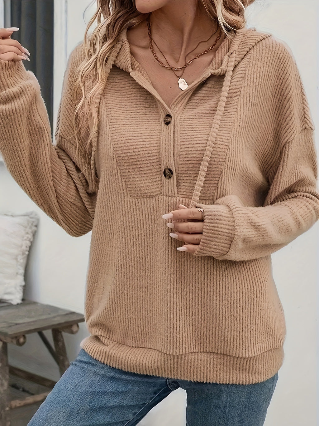 Fall Winter Hooded Sunken Stripe Long-sleeved Sweater