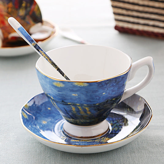 Oil Painting Bone China Coffee Cup British Light Luxury Saucer Spoon