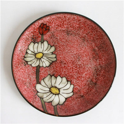 Japanese Style Kiln Flower Tableware High-End Restaurant, Ceramic Plates & Wind Flat Floral Dish Underglaze Vintage Colors