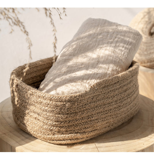 Runjia hjemmelavet håndlavet linned vævet reb Coaster japansk enkel opbevaringskurv Cirkulær halmopbevaring med håndtag
