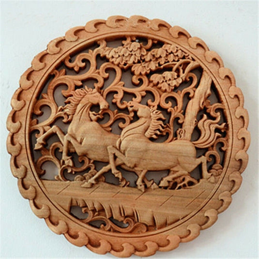 Wood Carving Camphor Wood Chinese Antique Wall Hanging Round Hollow Carving