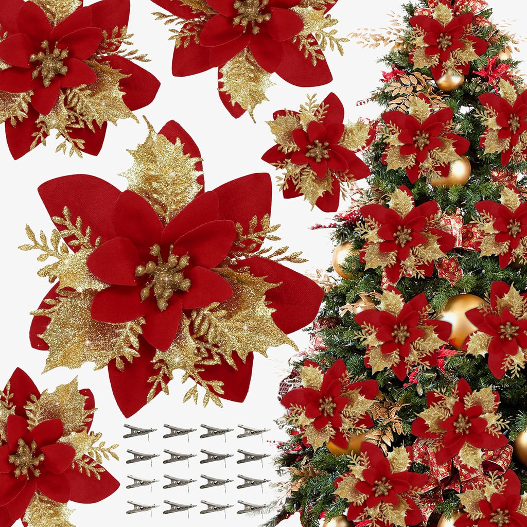 16 PCS Poinsettia Flower Artificial Poinsettia Christmas Decorations Glitter Poinsettias Christmas Ornaments Christmas Tree Flower Decorations with Clips DIY Xmas Wreath Holiday Weed Home Party Decor - Grand Goldman