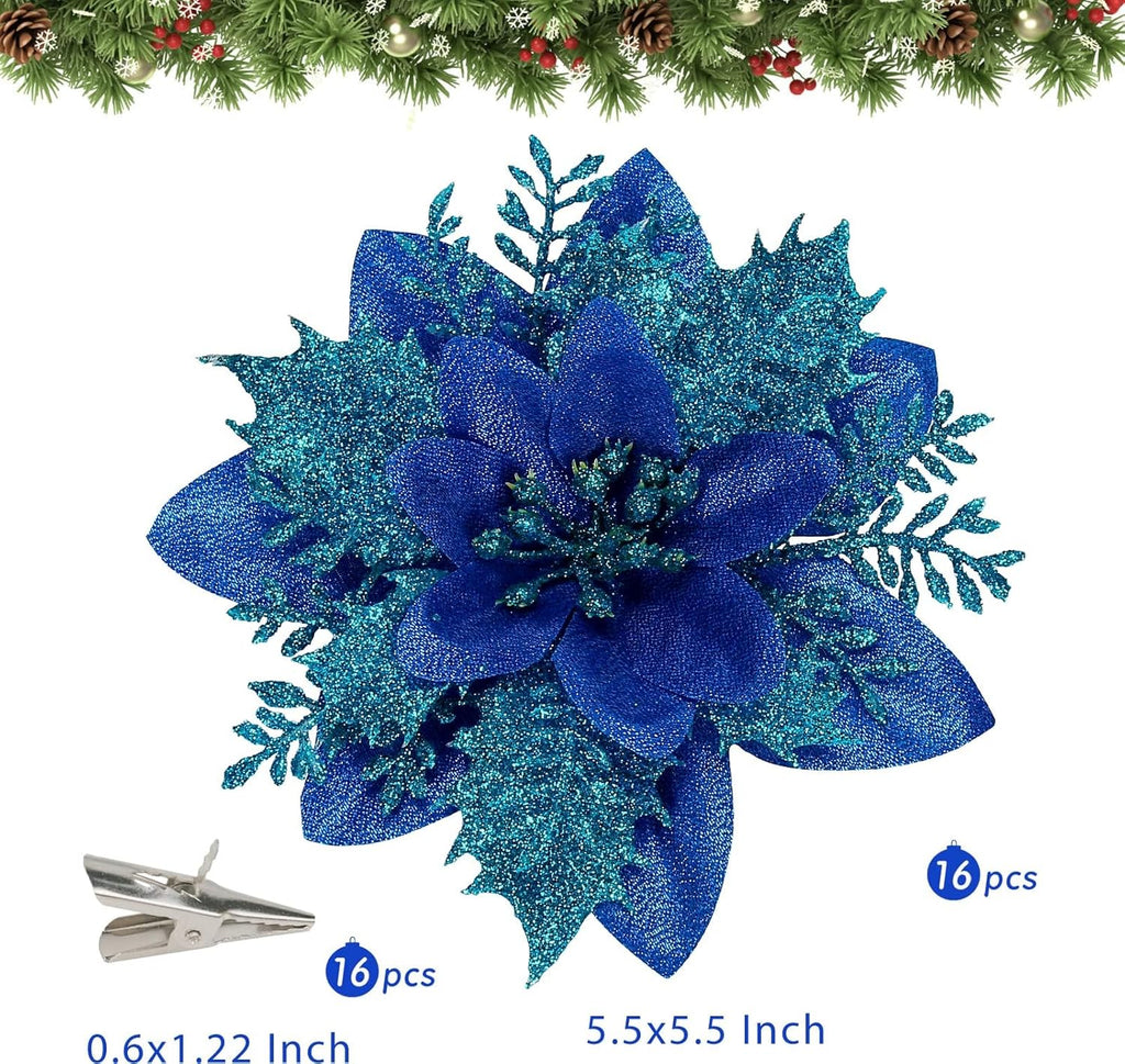 16 PCS Poinsettia Flower Artificial Poinsettia Christmas Decorations Glitter Poinsettias Christmas Ornaments Christmas Tree Flower Decorations with Clips DIY Xmas Wreath Holiday Weed Home Party Decor - Grand Goldman