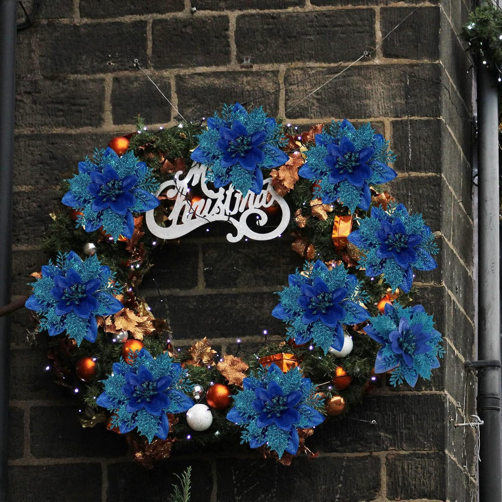 16 PCS Poinsettia Flower Artificial Poinsettia Christmas Decorations Glitter Poinsettias Christmas Ornaments Christmas Tree Flower Decorations with Clips DIY Xmas Wreath Holiday Weed Home Party Decor - Grand Goldman