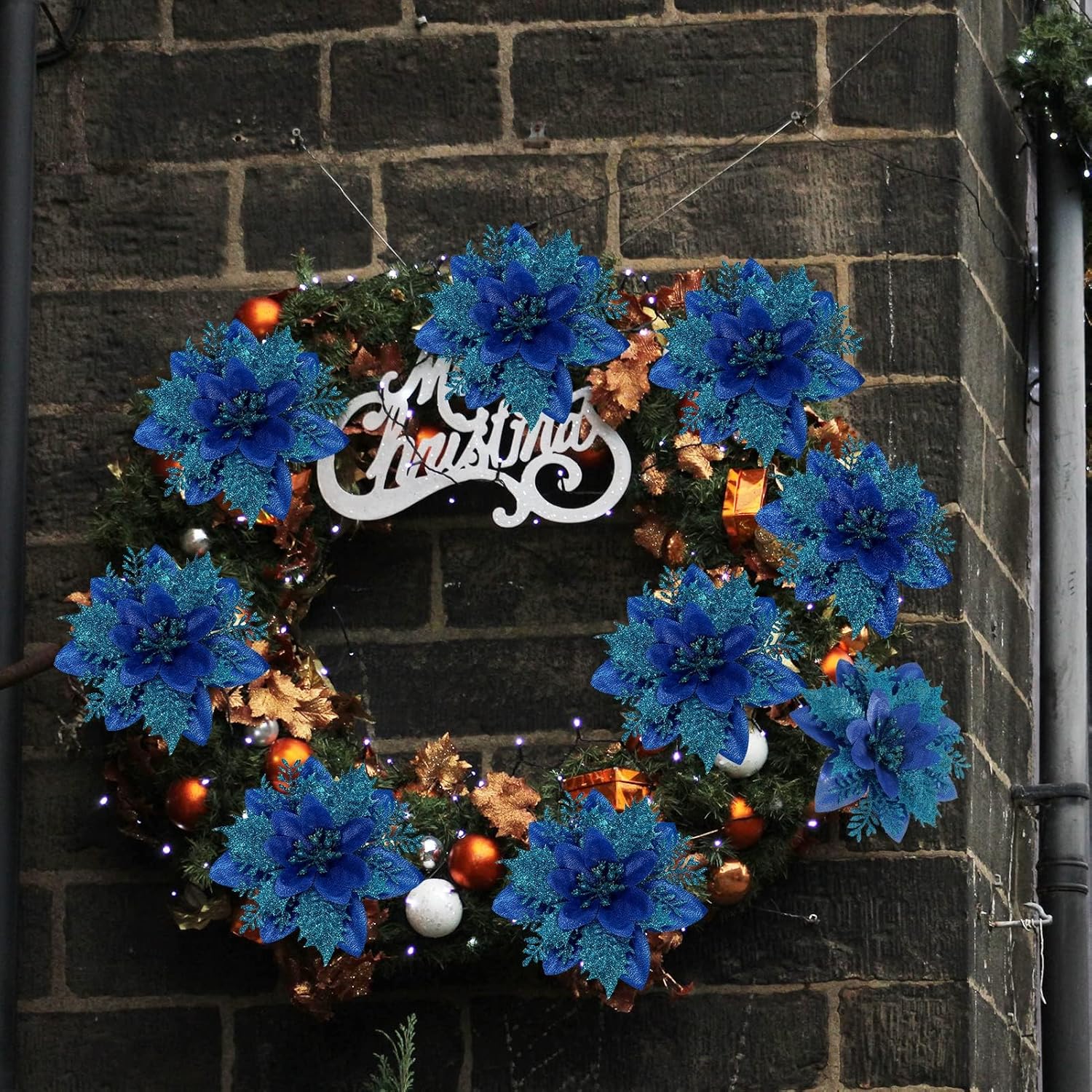 16 PCS Poinsettia Flower Artificial Poinsettia Christmas Decorations Glitter Poinsettias Christmas Ornaments Christmas Tree Flower Decorations with Clips DIY Xmas Wreath Holiday Weed Home Party Decor - Grand Goldman