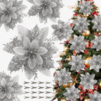 16 PCS Poinsettia Flower Artificial Poinsettia Christmas Decorations Glitter Poinsettias Christmas Ornaments Christmas Tree Flower Decorations with Clips DIY Xmas Wreath Holiday Weed Home Party Decor - Grand Goldman