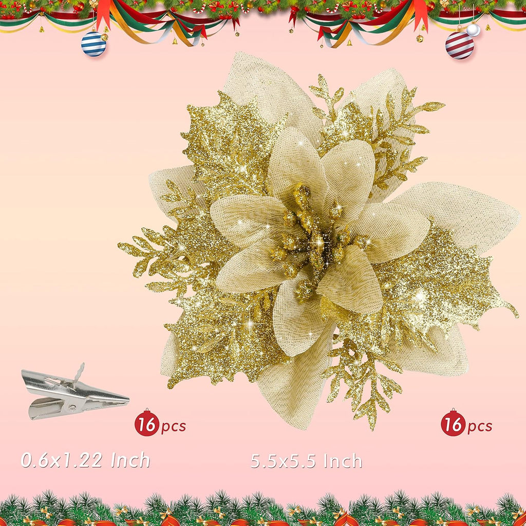 16 PCS Poinsettia Flower Artificial Poinsettia Christmas Decorations Glitter Poinsettias Christmas Ornaments Christmas Tree Flower Decorations with Clips DIY Xmas Wreath Holiday Weed Home Party Decor - Grand Goldman