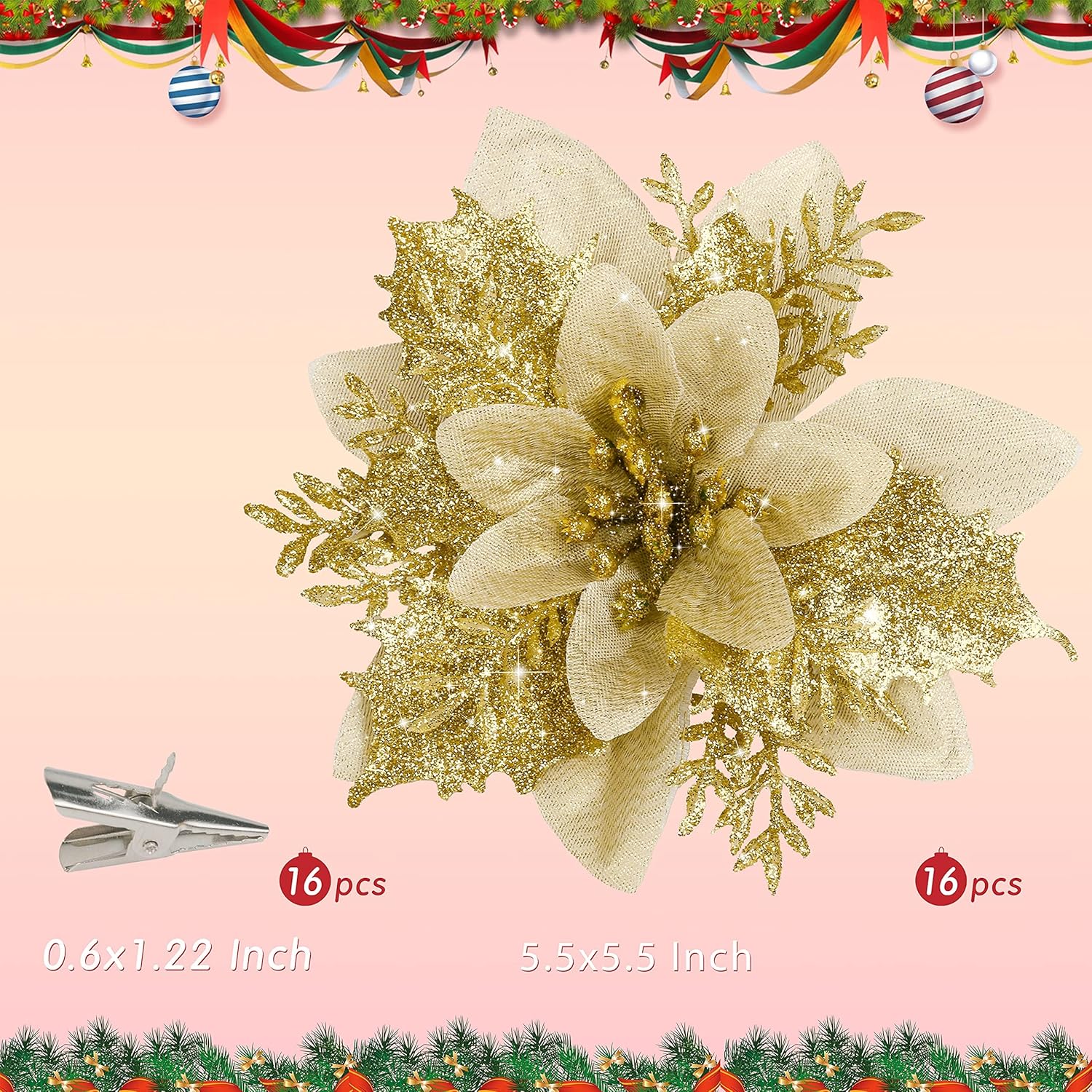 16 PCS Poinsettia Flower Artificial Poinsettia Christmas Decorations Glitter Poinsettias Christmas Ornaments Christmas Tree Flower Decorations with Clips DIY Xmas Wreath Holiday Weed Home Party Decor - Grand Goldman