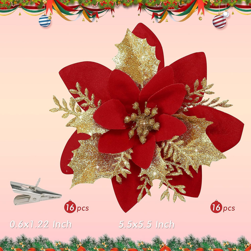 16 PCS Poinsettia Flower Artificial Poinsettia Christmas Decorations Glitter Poinsettias Christmas Ornaments Christmas Tree Flower Decorations with Clips DIY Xmas Wreath Holiday Weed Home Party Decor - Grand Goldman