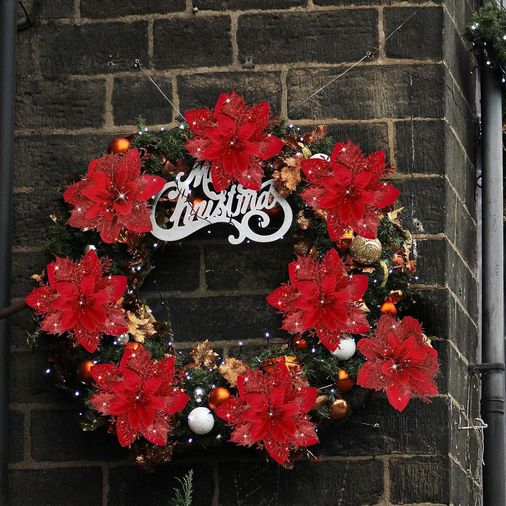 16 PCS Poinsettia Flower Artificial Poinsettia Christmas Decorations Glitter Poinsettias Christmas Ornaments Christmas Tree Flower Decorations with Clips DIY Xmas Wreath Holiday Weed Home Party Decor - Grand Goldman