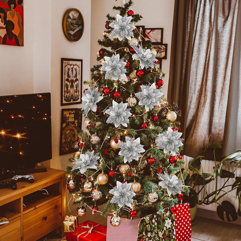 16 PCS Poinsettia Flower Artificial Poinsettia Christmas Decorations Glitter Poinsettias Christmas Ornaments Christmas Tree Flower Decorations with Clips DIY Xmas Wreath Holiday Weed Home Party Decor - Grand Goldman