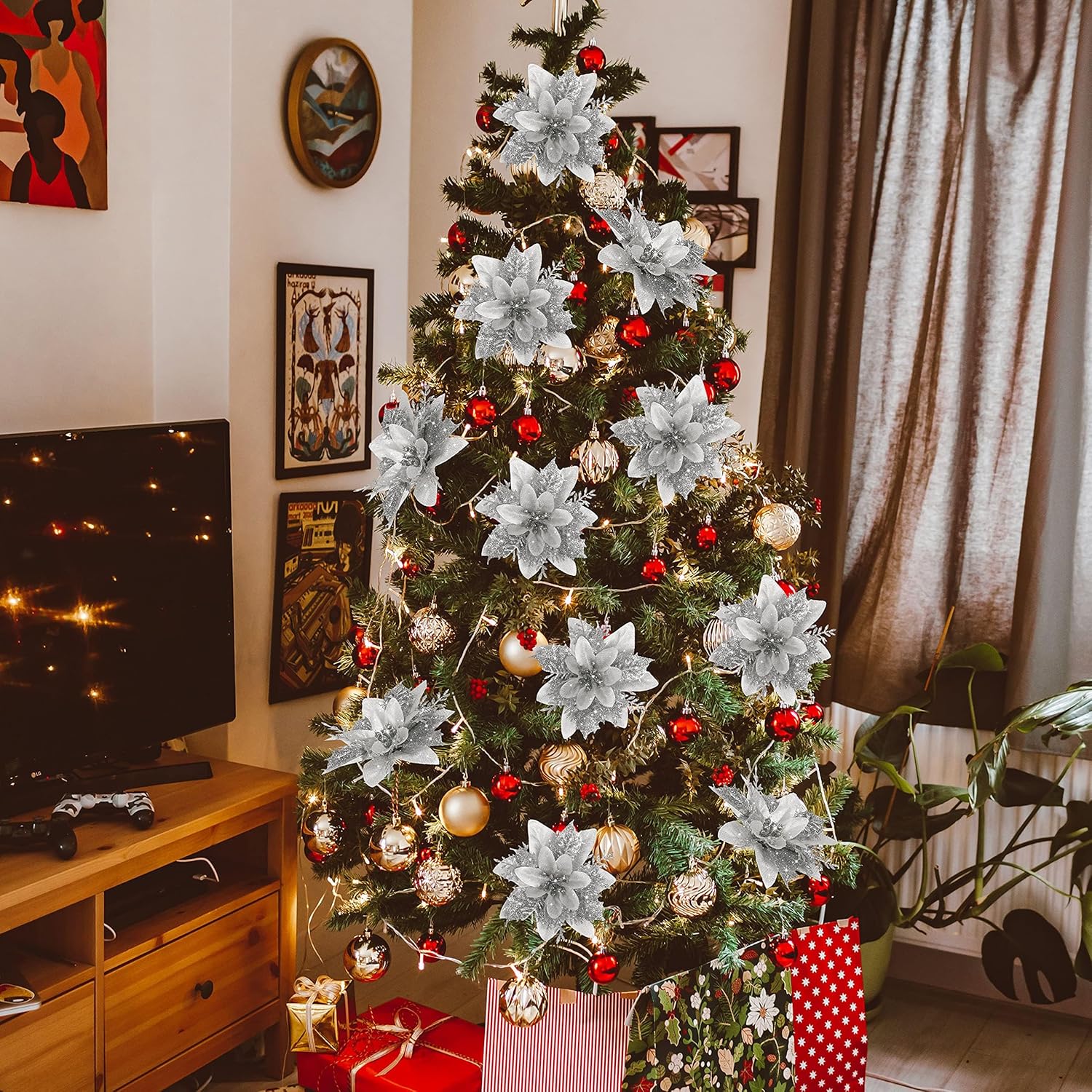 16 PCS Poinsettia Flower Artificial Poinsettia Christmas Decorations Glitter Poinsettias Christmas Ornaments Christmas Tree Flower Decorations with Clips DIY Xmas Wreath Holiday Weed Home Party Decor - Grand Goldman