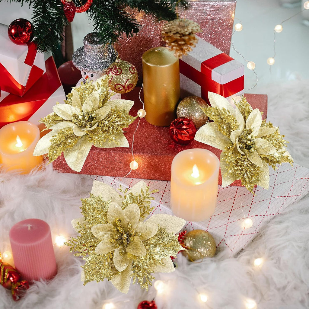 16 PCS Poinsettia Flower Artificial Poinsettia Christmas Decorations Glitter Poinsettias Christmas Ornaments Christmas Tree Flower Decorations with Clips DIY Xmas Wreath Holiday Weed Home Party Decor - Grand Goldman