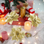 16 PCS Poinsettia Flower Artificial Poinsettia Christmas Decorations Glitter Poinsettias Christmas Ornaments Christmas Tree Flower Decorations with Clips DIY Xmas Wreath Holiday Weed Home Party Decor - Grand Goldman