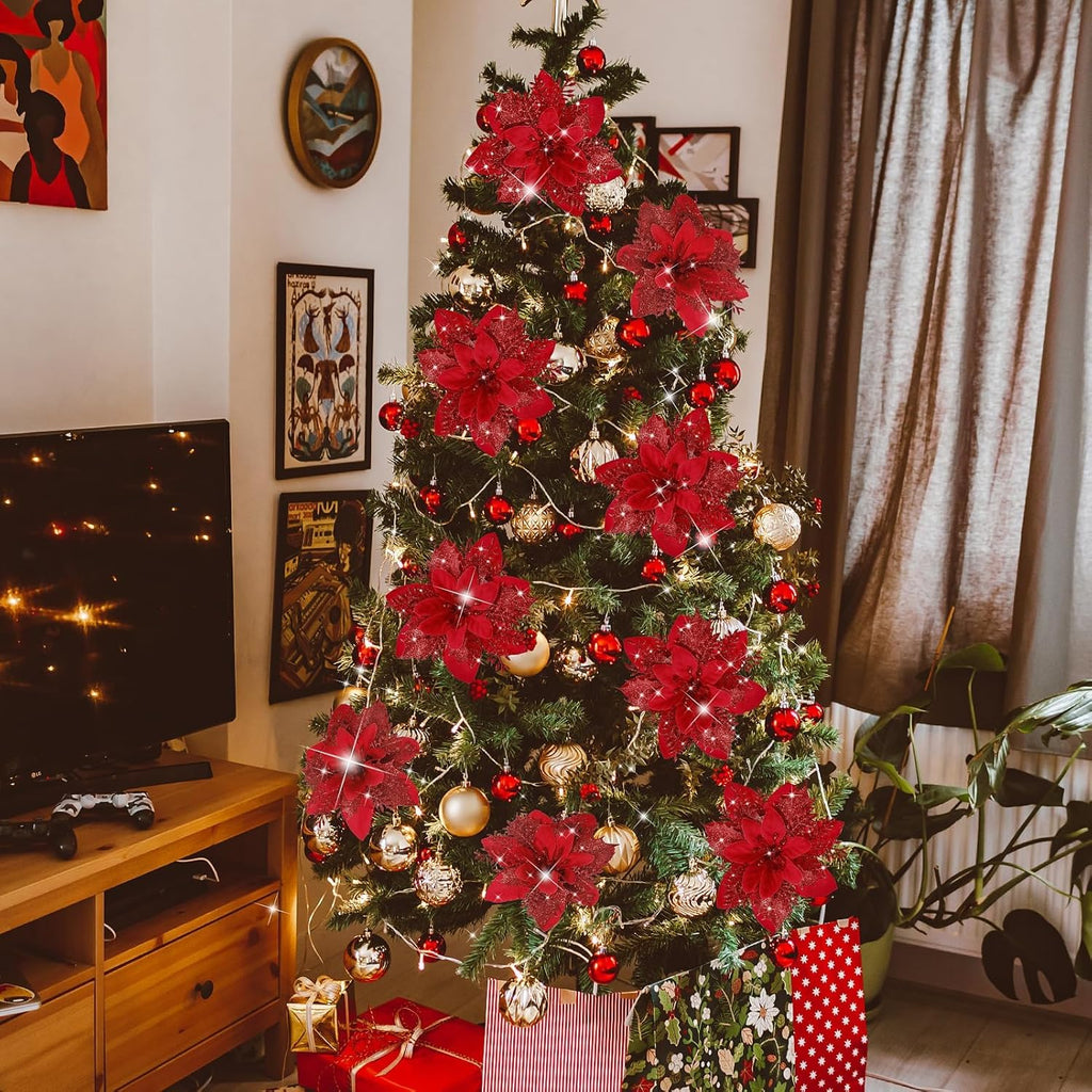 16 PCS Poinsettia Flower Artificial Poinsettia Christmas Decorations Glitter Poinsettias Christmas Ornaments Christmas Tree Flower Decorations with Clips DIY Xmas Wreath Holiday Weed Home Party Decor - Grand Goldman