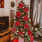 16 PCS Poinsettia Flower Artificial Poinsettia Christmas Decorations Glitter Poinsettias Christmas Ornaments Christmas Tree Flower Decorations with Clips DIY Xmas Wreath Holiday Weed Home Party Decor - Grand Goldman