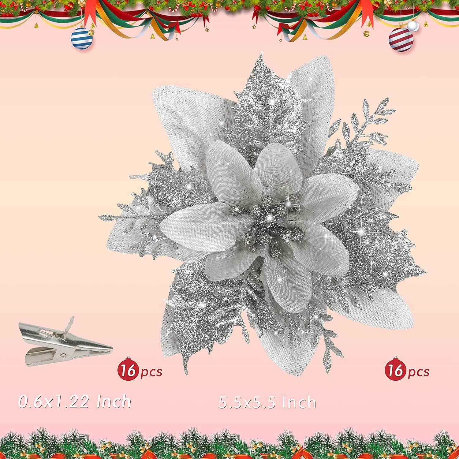 16 PCS Poinsettia Flower Artificial Poinsettia Christmas Decorations Glitter Poinsettias Christmas Ornaments Christmas Tree Flower Decorations with Clips DIY Xmas Wreath Holiday Weed Home Party Decor - Grand Goldman