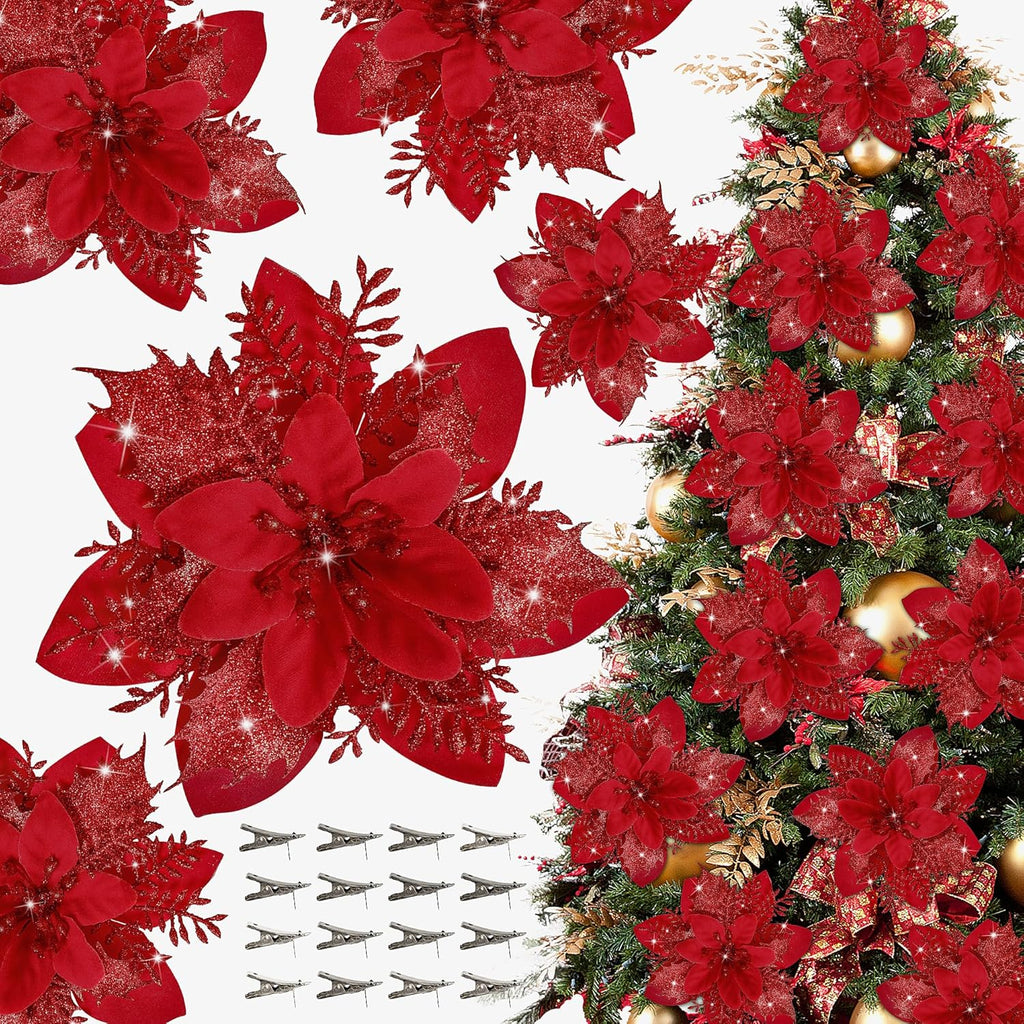 16 PCS Poinsettia Flower Artificial Poinsettia Christmas Decorations Glitter Poinsettias Christmas Ornaments Christmas Tree Flower Decorations with Clips DIY Xmas Wreath Holiday Weed Home Party Decor - Grand Goldman