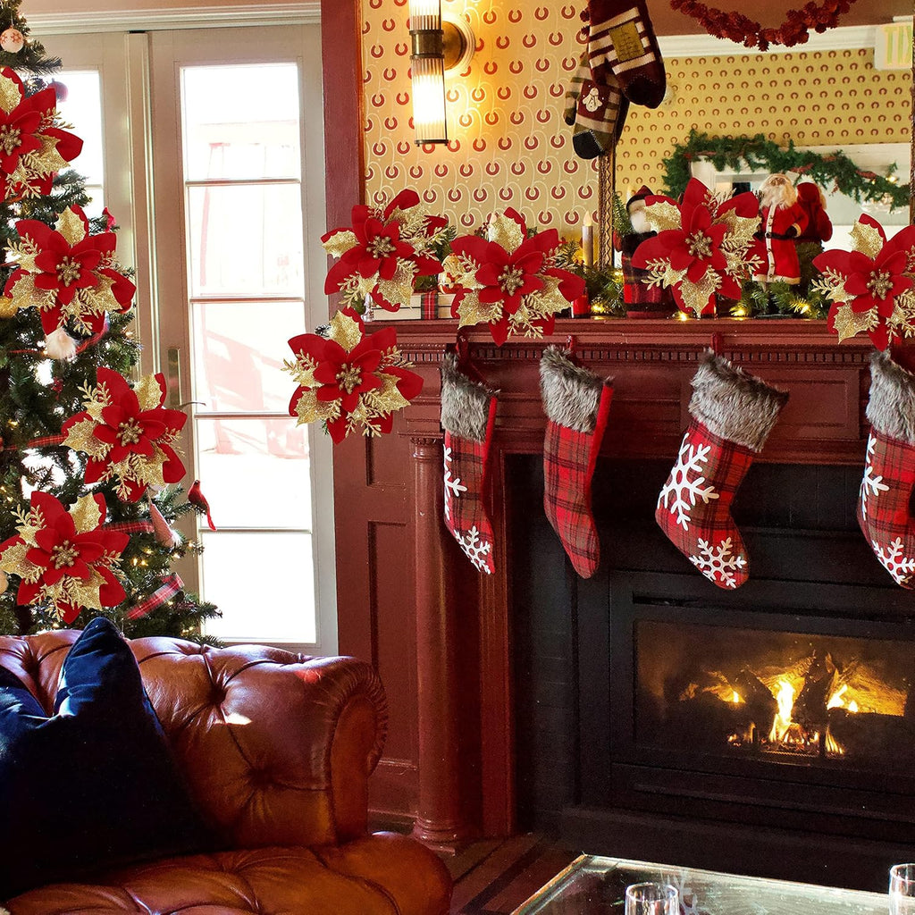 16 PCS Poinsettia Flower Artificial Poinsettia Christmas Decorations Glitter Poinsettias Christmas Ornaments Christmas Tree Flower Decorations with Clips DIY Xmas Wreath Holiday Weed Home Party Decor - Grand Goldman