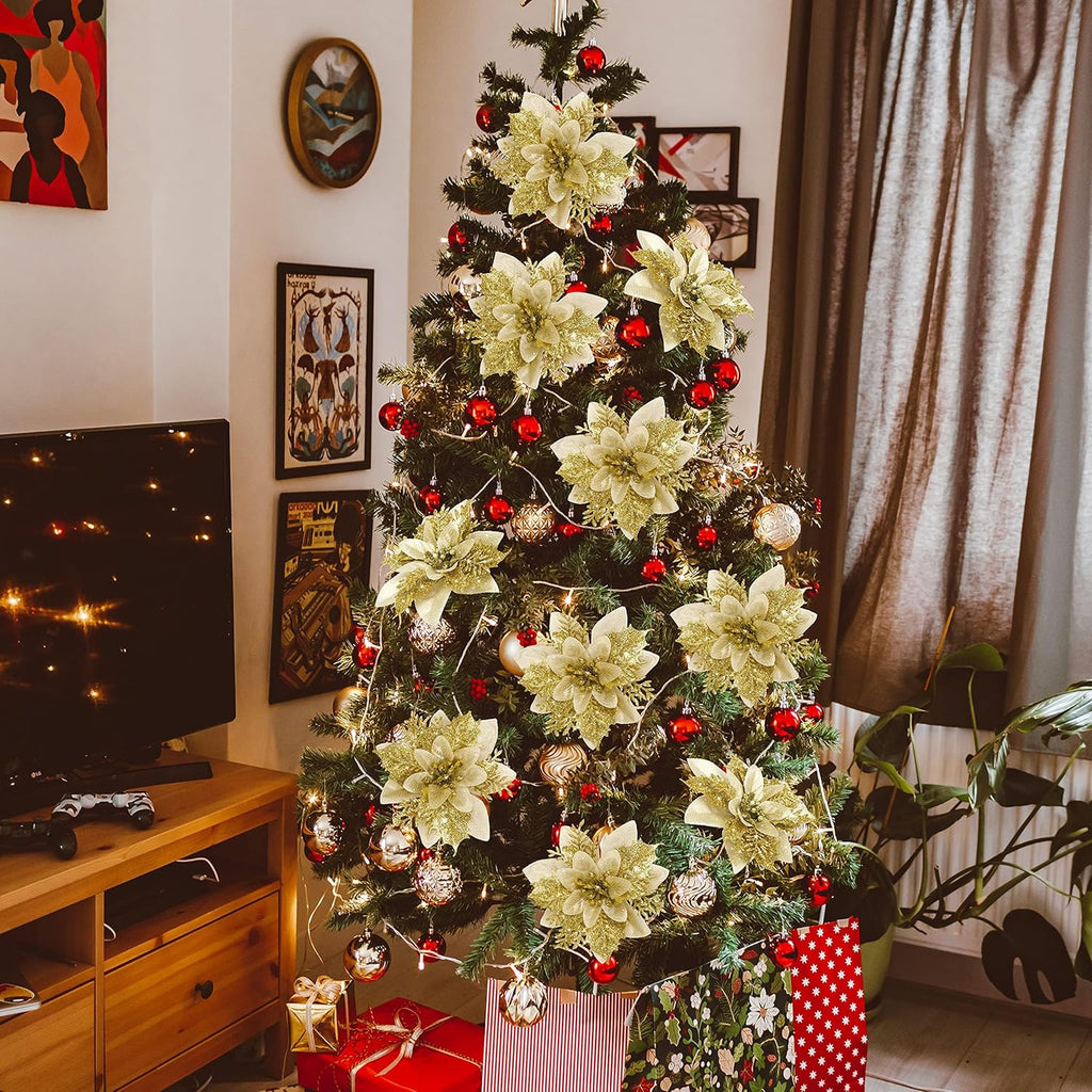 16 PCS Poinsettia Flower Artificial Poinsettia Christmas Decorations Glitter Poinsettias Christmas Ornaments Christmas Tree Flower Decorations with Clips DIY Xmas Wreath Holiday Weed Home Party Decor - Grand Goldman