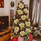 16 PCS Poinsettia Flower Artificial Poinsettia Christmas Decorations Glitter Poinsettias Christmas Ornaments Christmas Tree Flower Decorations with Clips DIY Xmas Wreath Holiday Weed Home Party Decor - Grand Goldman