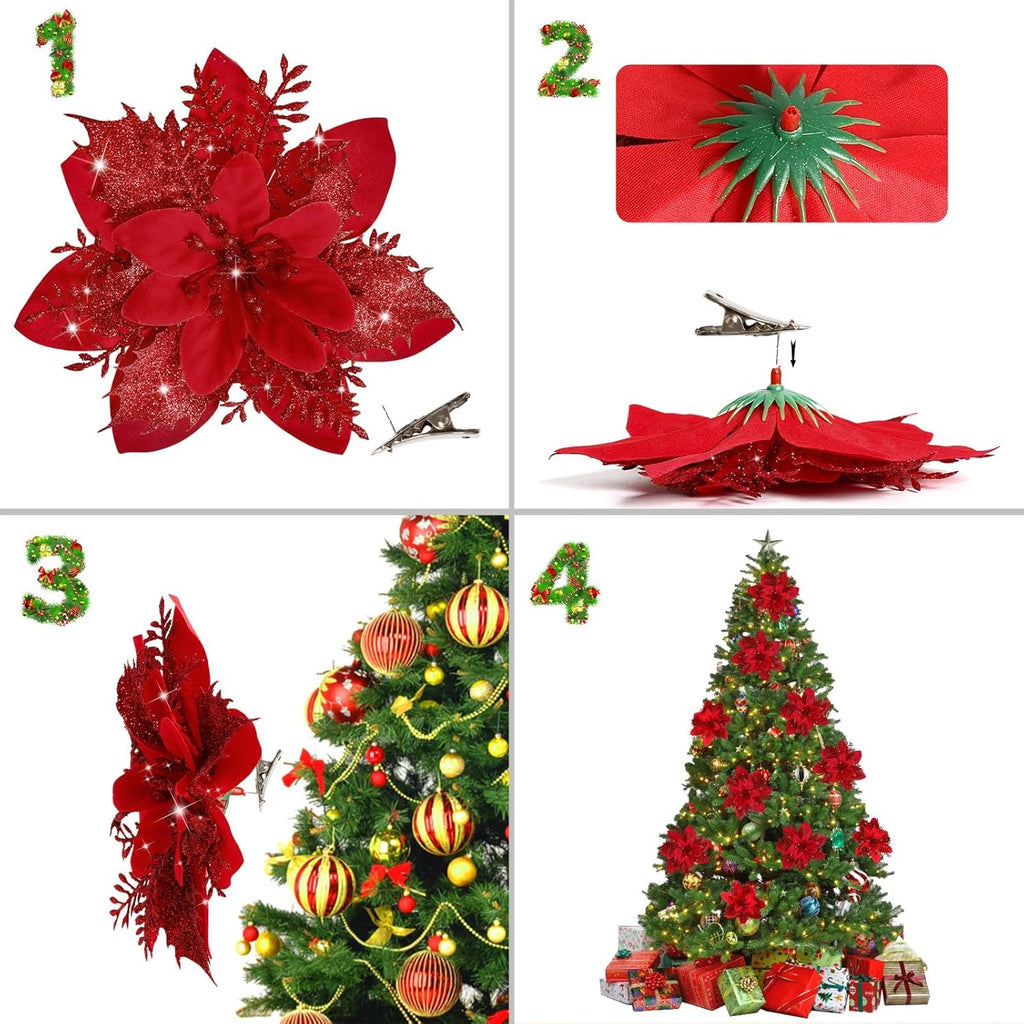 16 PCS Poinsettia Flower Artificial Poinsettia Christmas Decorations Glitter Poinsettias Christmas Ornaments Christmas Tree Flower Decorations with Clips DIY Xmas Wreath Holiday Weed Home Party Decor - Grand Goldman