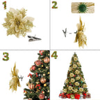 16 PCS Poinsettia Flower Artificial Poinsettia Christmas Decorations Glitter Poinsettias Christmas Ornaments Christmas Tree Flower Decorations with Clips DIY Xmas Wreath Holiday Weed Home Party Decor - Grand Goldman