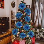 16 PCS Poinsettia Flower Artificial Poinsettia Christmas Decorations Glitter Poinsettias Christmas Ornaments Christmas Tree Flower Decorations with Clips DIY Xmas Wreath Holiday Weed Home Party Decor - Grand Goldman