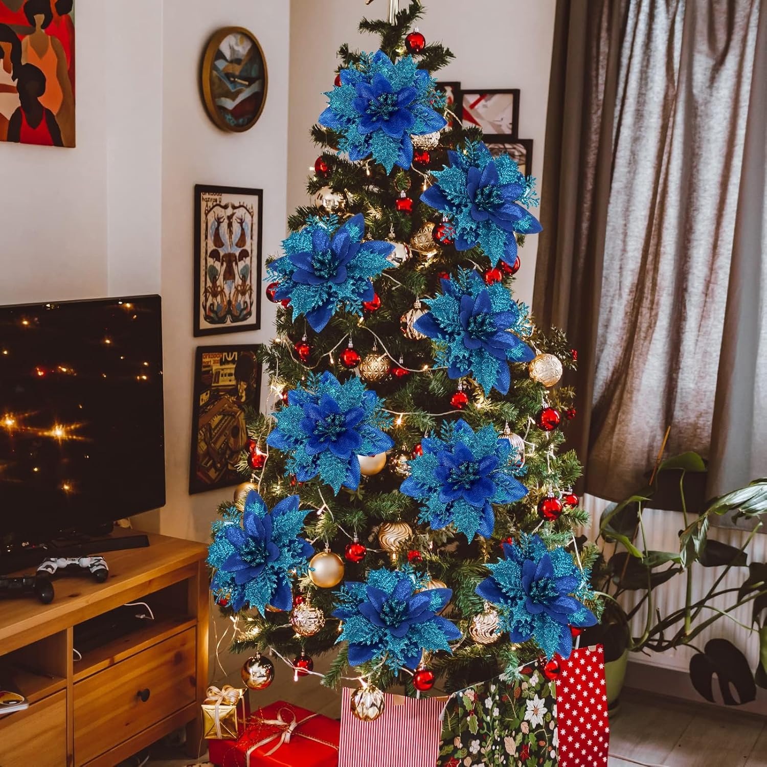 16 PCS Poinsettia Flower Artificial Poinsettia Christmas Decorations Glitter Poinsettias Christmas Ornaments Christmas Tree Flower Decorations with Clips DIY Xmas Wreath Holiday Weed Home Party Decor - Grand Goldman