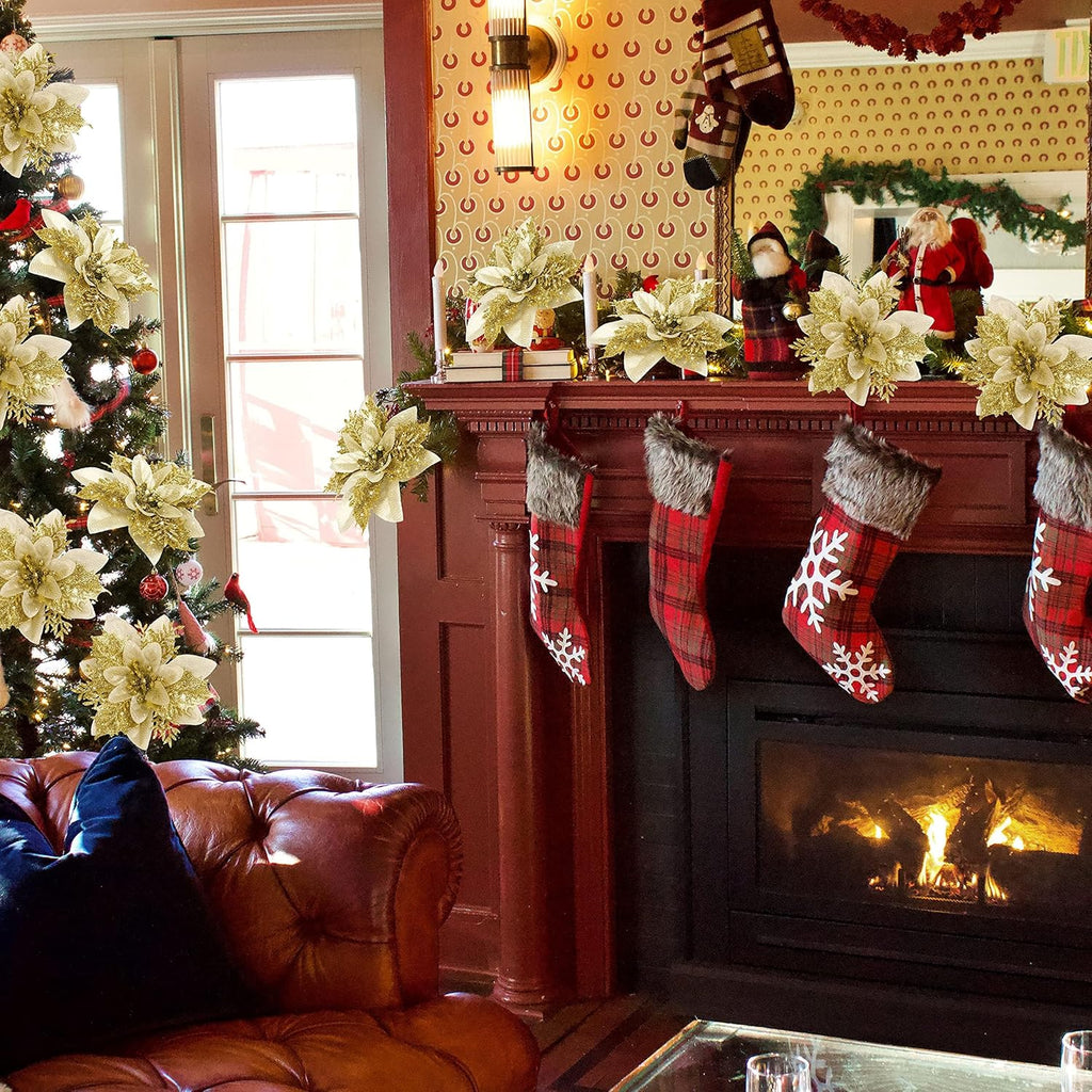 16 PCS Poinsettia Flower Artificial Poinsettia Christmas Decorations Glitter Poinsettias Christmas Ornaments Christmas Tree Flower Decorations with Clips DIY Xmas Wreath Holiday Weed Home Party Decor - Grand Goldman