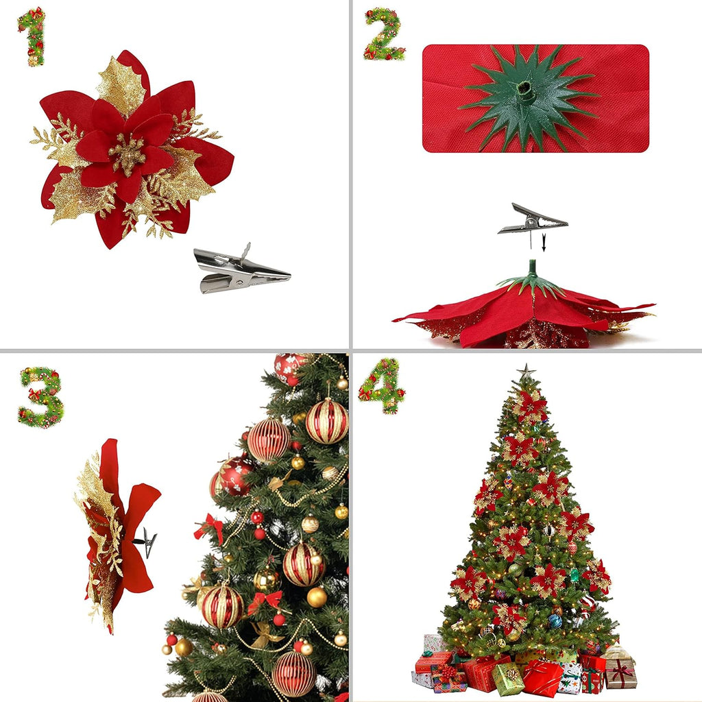 16 PCS Poinsettia Flower Artificial Poinsettia Christmas Decorations Glitter Poinsettias Christmas Ornaments Christmas Tree Flower Decorations with Clips DIY Xmas Wreath Holiday Weed Home Party Decor - Grand Goldman