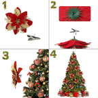 16 PCS Poinsettia Flower Artificial Poinsettia Christmas Decorations Glitter Poinsettias Christmas Ornaments Christmas Tree Flower Decorations with Clips DIY Xmas Wreath Holiday Weed Home Party Decor - Grand Goldman