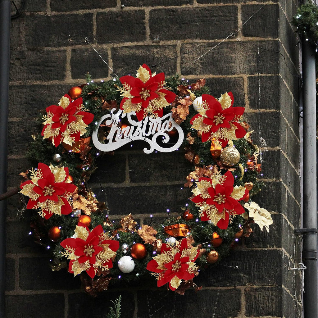 16 PCS Poinsettia Flower Artificial Poinsettia Christmas Decorations Glitter Poinsettias Christmas Ornaments Christmas Tree Flower Decorations with Clips DIY Xmas Wreath Holiday Weed Home Party Decor - Grand Goldman