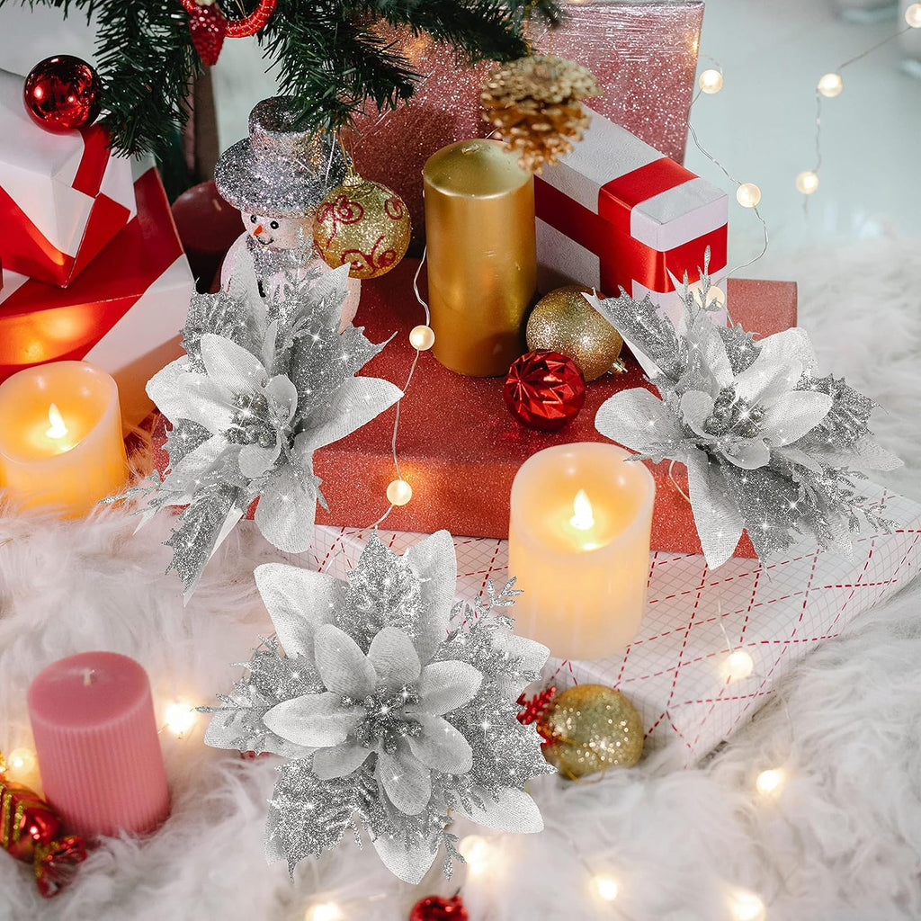 16 PCS Poinsettia Flower Artificial Poinsettia Christmas Decorations Glitter Poinsettias Christmas Ornaments Christmas Tree Flower Decorations with Clips DIY Xmas Wreath Holiday Weed Home Party Decor - Grand Goldman