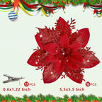 16 PCS Poinsettia Flower Artificial Poinsettia Christmas Decorations Glitter Poinsettias Christmas Ornaments Christmas Tree Flower Decorations with Clips DIY Xmas Wreath Holiday Weed Home Party Decor - Grand Goldman