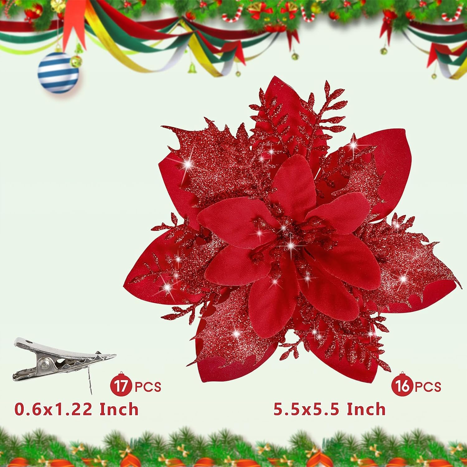 16 PCS Poinsettia Flower Artificial Poinsettia Christmas Decorations Glitter Poinsettias Christmas Ornaments Christmas Tree Flower Decorations with Clips DIY Xmas Wreath Holiday Weed Home Party Decor - Grand Goldman
