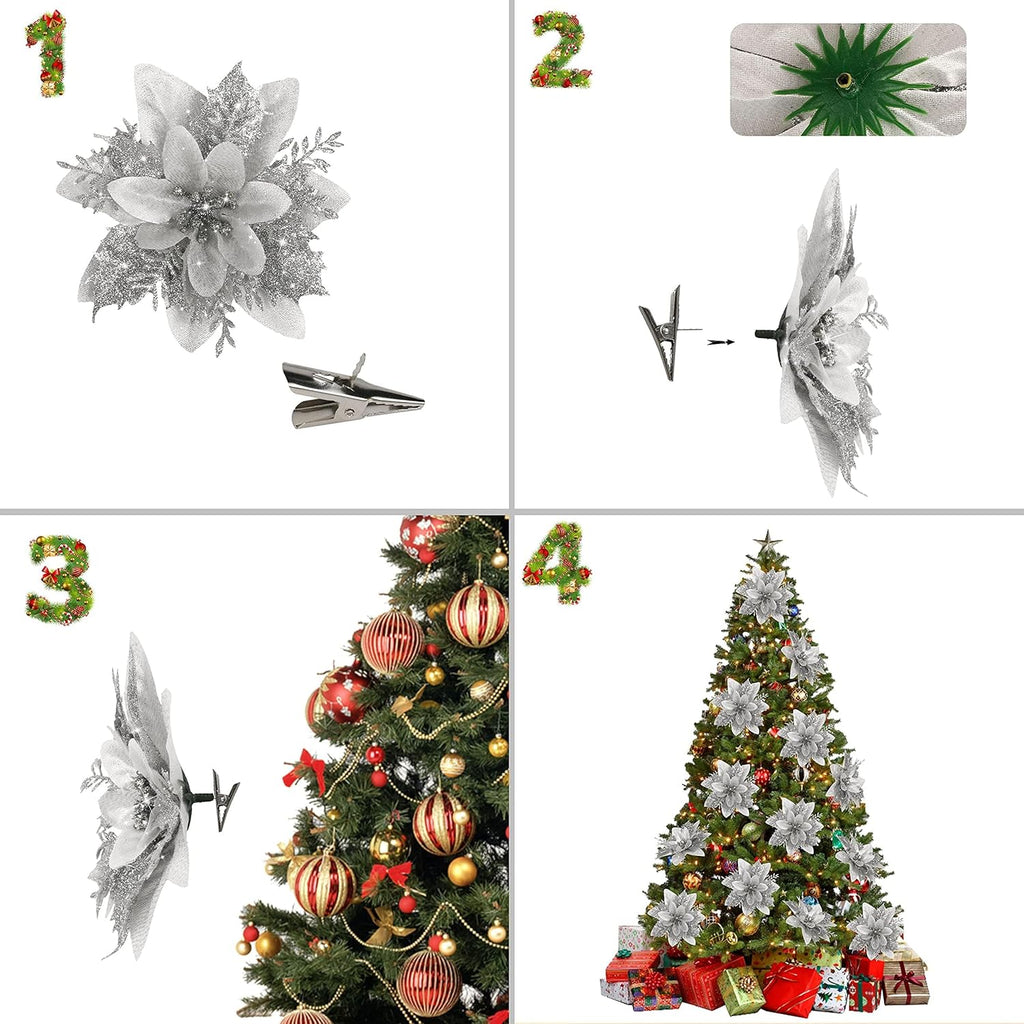 16 PCS Poinsettia Flower Artificial Poinsettia Christmas Decorations Glitter Poinsettias Christmas Ornaments Christmas Tree Flower Decorations with Clips DIY Xmas Wreath Holiday Weed Home Party Decor - Grand Goldman
