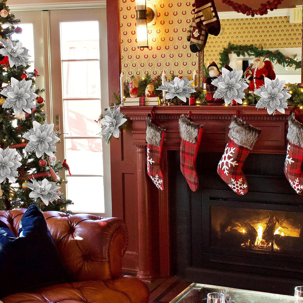 16 PCS Poinsettia Flower Artificial Poinsettia Christmas Decorations Glitter Poinsettias Christmas Ornaments Christmas Tree Flower Decorations with Clips DIY Xmas Wreath Holiday Weed Home Party Decor - Grand Goldman