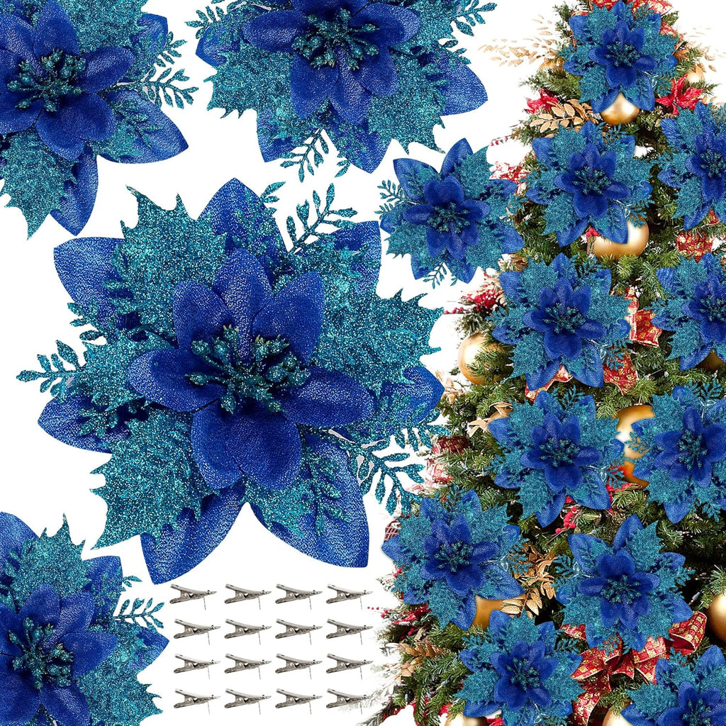16 PCS Poinsettia Flower Artificial Poinsettia Christmas Decorations Glitter Poinsettias Christmas Ornaments Christmas Tree Flower Decorations with Clips DIY Xmas Wreath Holiday Weed Home Party Decor - Grand Goldman