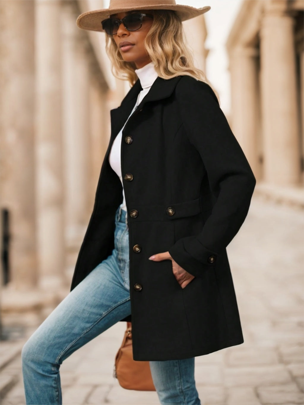 Women's Single-Breasted Solid Color Woolen Coat - Grand Goldman