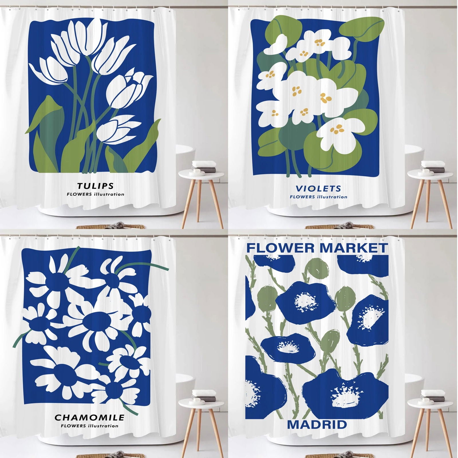 1PC Blue Flower Shower Curtain with Plastic Hook - Modern Abstract Art Floral Design, Chic Bathroom Curtain Home Decoration - Grand Goldman