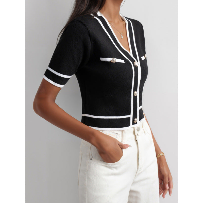 Black And White Temperament French V-neck Color Blocking