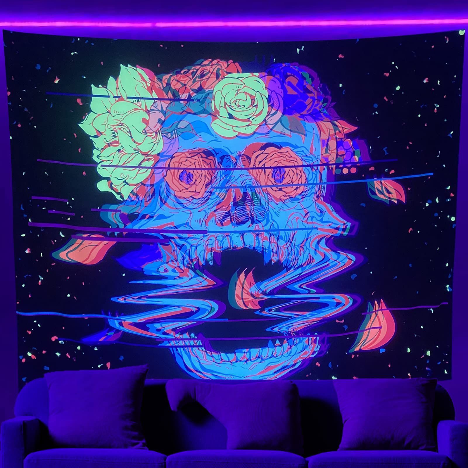 Amazon Fluorescent Tapestry Uv Blue Light Skull Flower Eyes