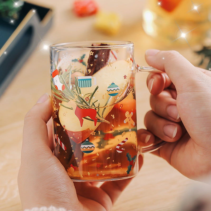 1pc Christmas Glass Home Drink Cup Tea Cup With Handle Water Cup Breakfast Cup High Temperature Resistant 300ml Glass - Grand Goldman