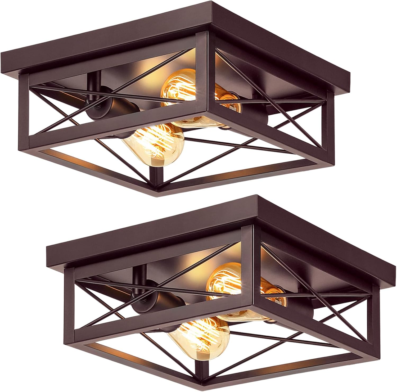 2-Light Industrial Square Flush Mount Ceiling Light, Farmhouse Ceiling Light Fixture for Kitchen, Modern Black Close to Ceiling Light for Hallway Bedroom Balcony Porch Stairway, E26, 2-Pack - Grand Goldman
