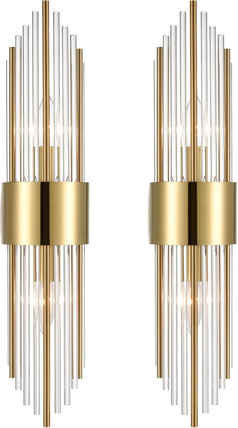 2-Light Modern Brushed Titanium Gold Wall Sconce with Clear Glass Crystal Luxury Wall Light Fixtures for Bedroom Living Room Bathroom Vanity Mirror Light Fixtures Set of 2 - Grand Goldman