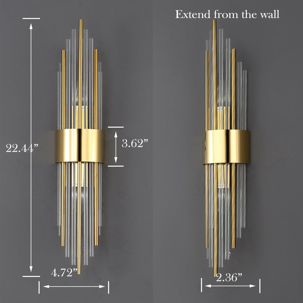 2-Light Modern Brushed Titanium Gold Wall Sconce with Clear Glass Crystal Luxury Wall Light Fixtures for Bedroom Living Room Bathroom Vanity Mirror Light Fixtures Set of 2 - Grand Goldman